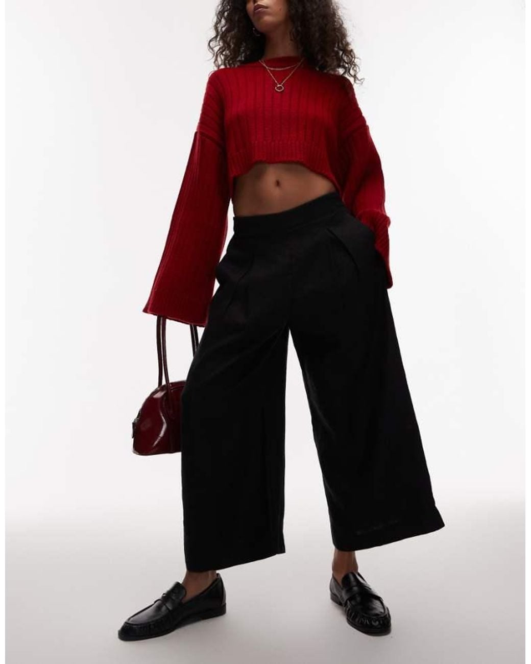 & Other Stories Red Linen Pull-On Wide Leg Trousers With Box Pleat Detail