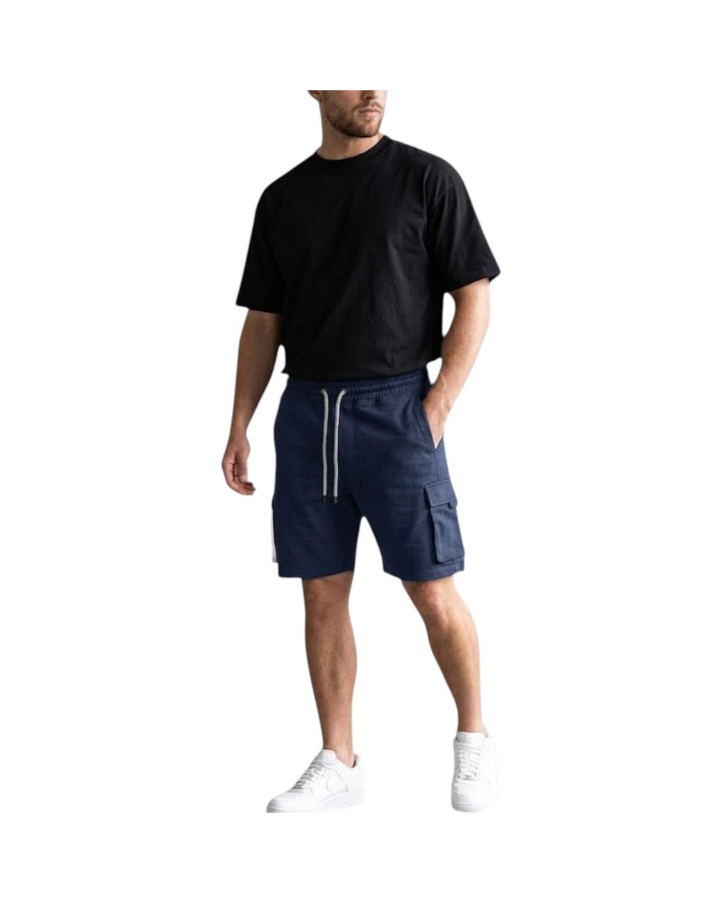 Weekend Offender Black Cargo Shorts Elasticated Summer Loopback Fleece Barmuda for men