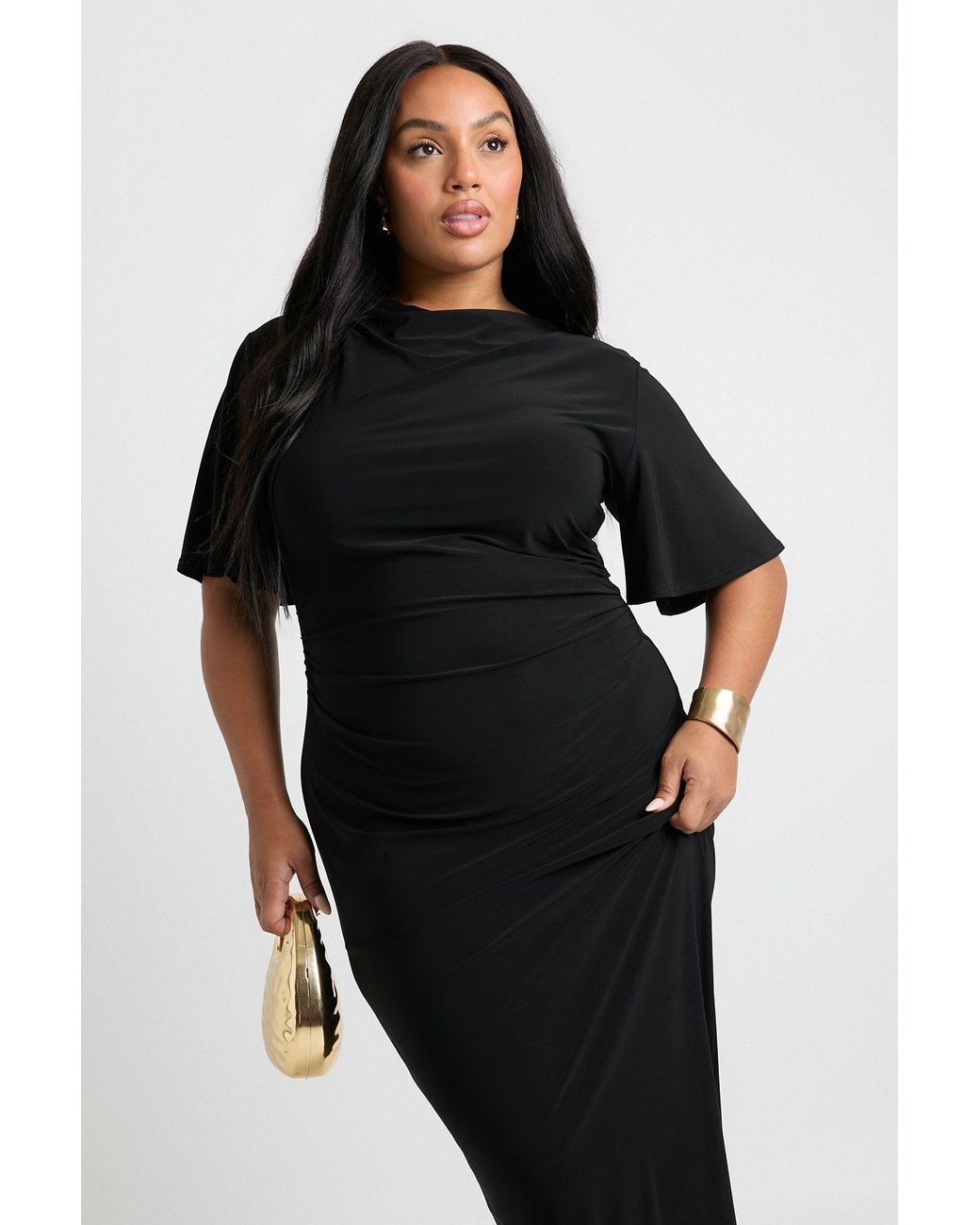 Boohoo Black Plus Angel Sleeve Gathered Side Column Maxi Dress