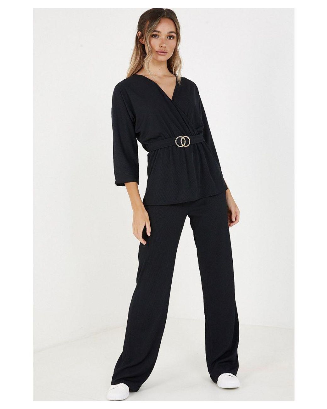 Petite Black Embellished Trim Palazzo Trousers