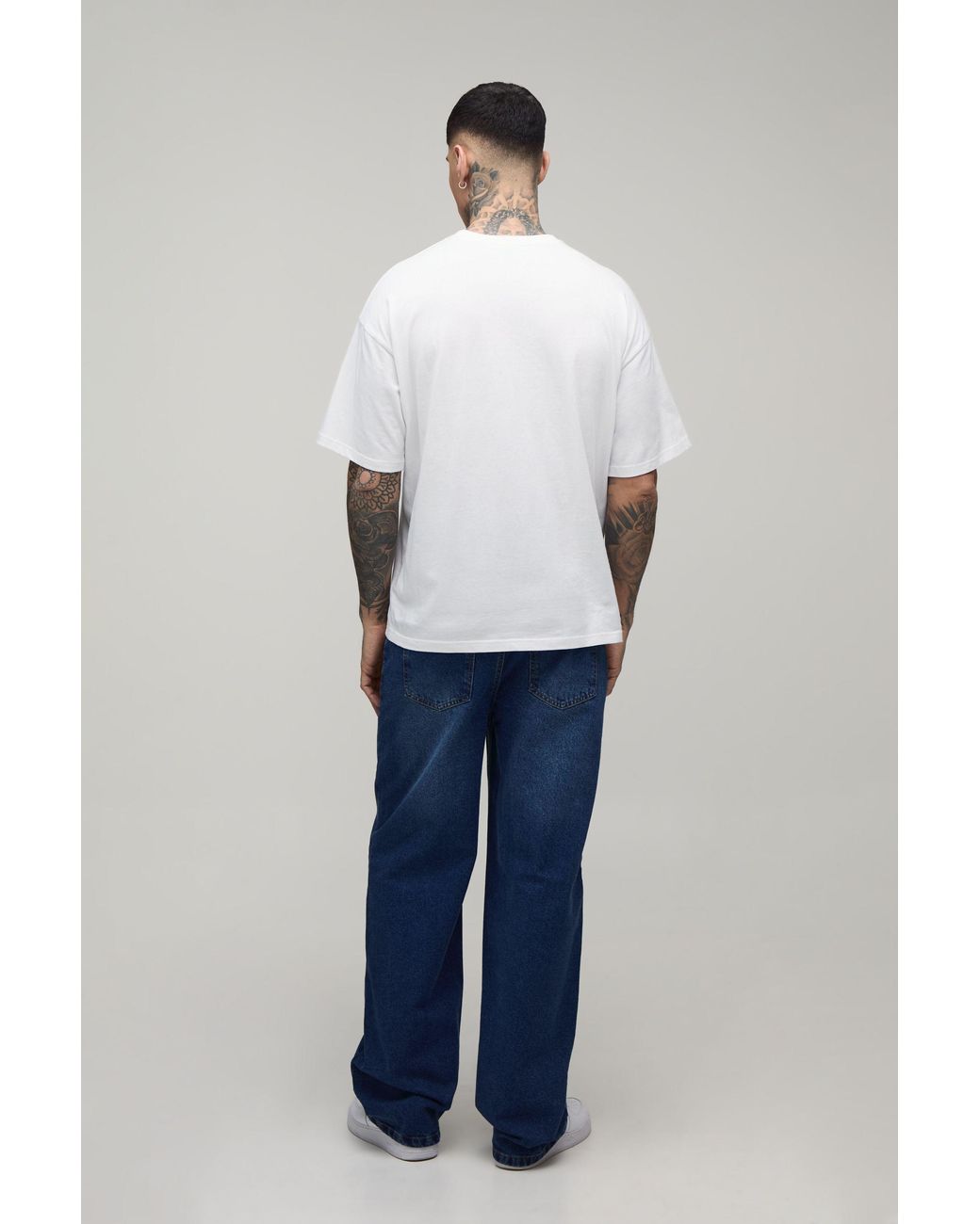 BoohooMAN Blue Tall Relaxed Rigid Print Denim Jeans for men