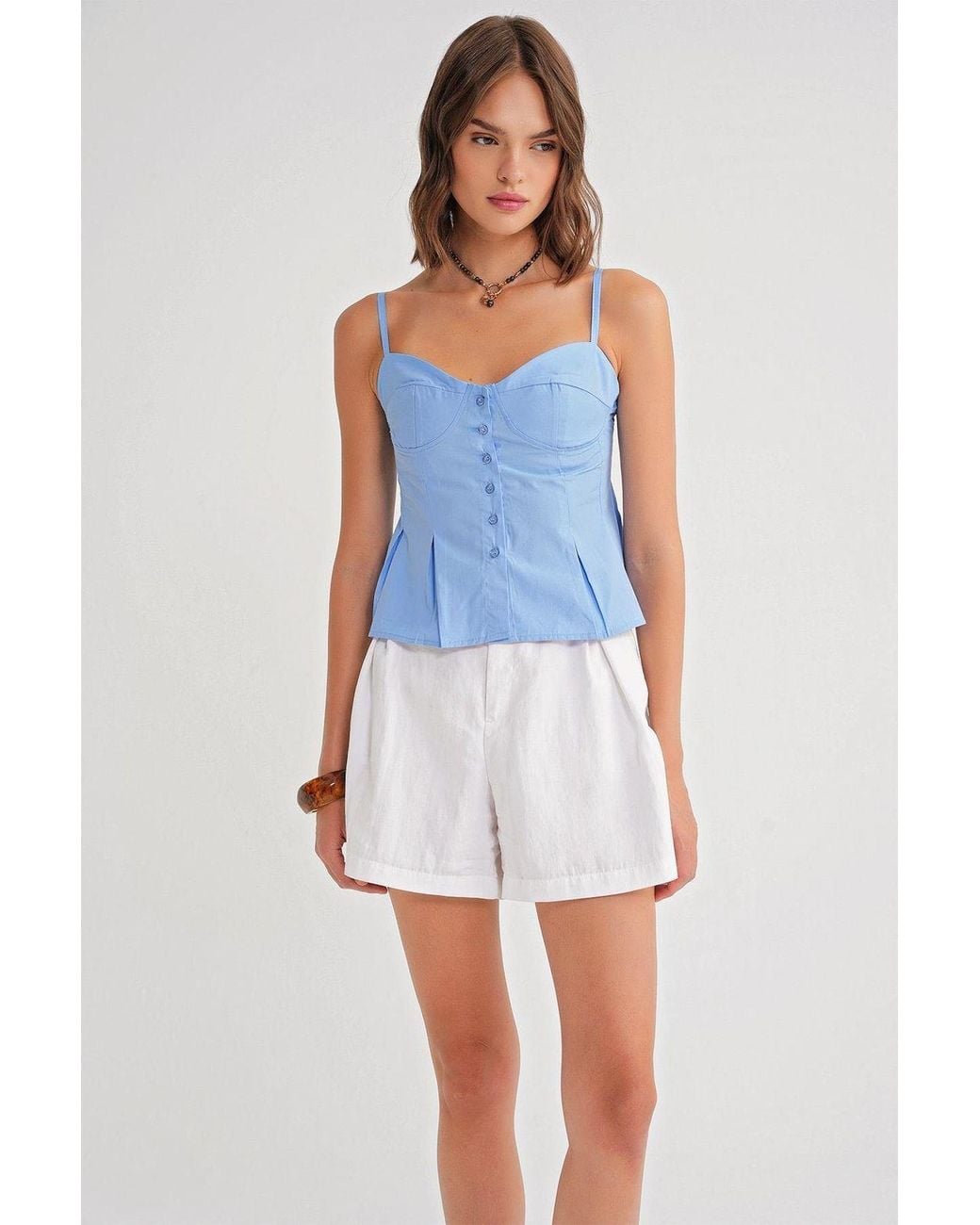 MixRay Blue Sweetheart Neck Button-Front Peplum Cami Top