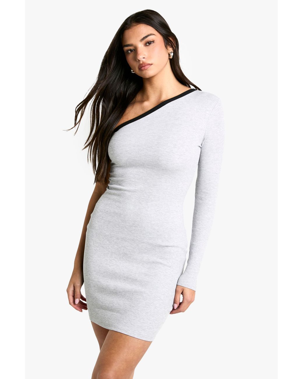 Boohoo White Contrast Binding One Shoulder Mini Dress