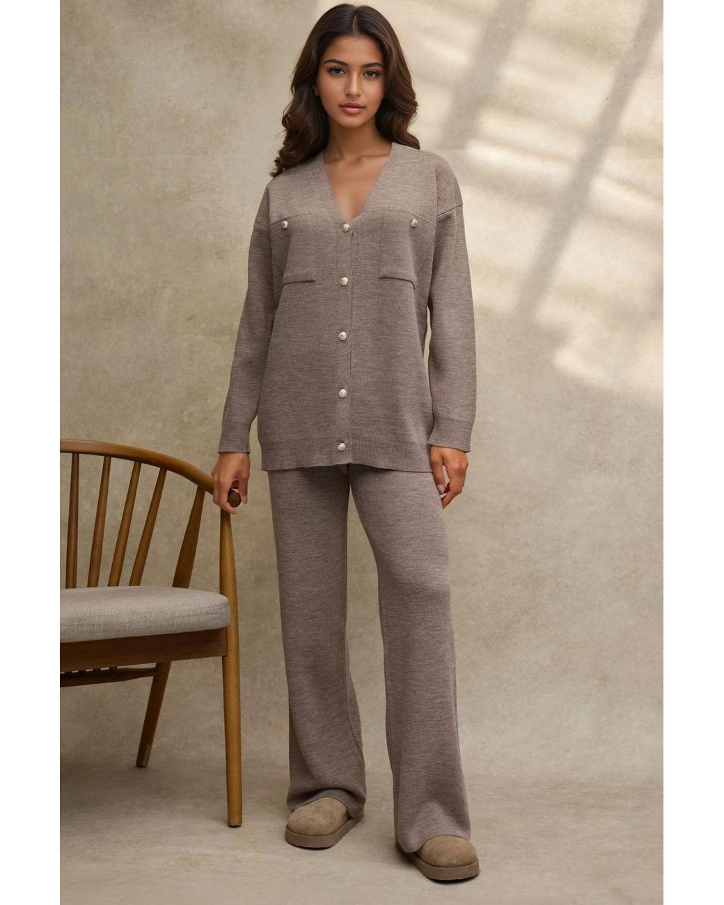 Hiccup Brown V-Neck Cardigan & High Waist Wide Leg Pants Knit Co-Ord Set