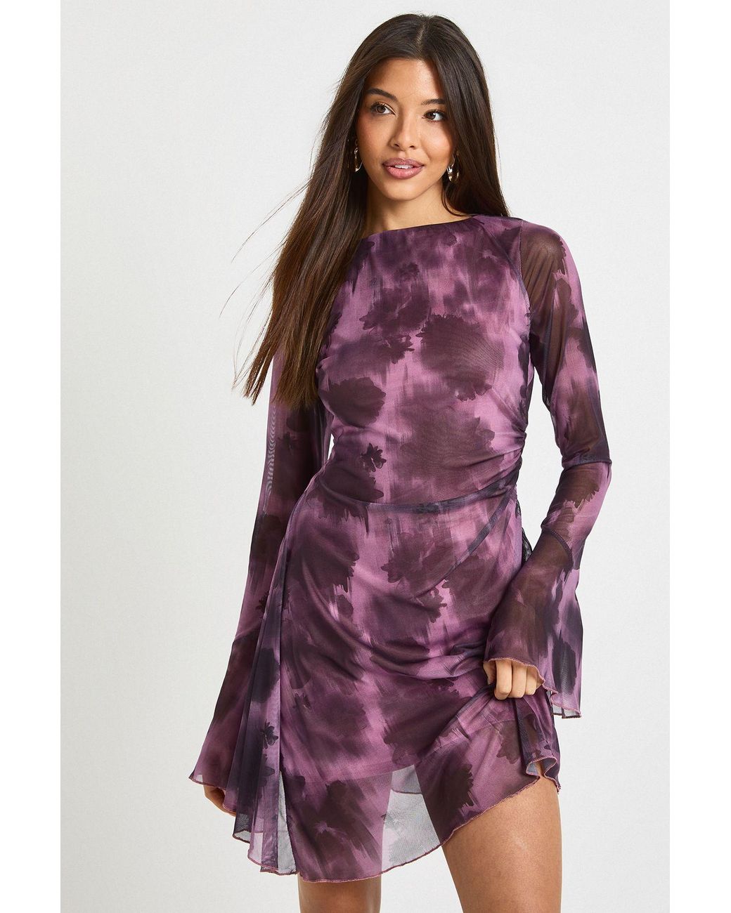 Boohoo Purple Blurred Floral Mesh A Line Mini Dress