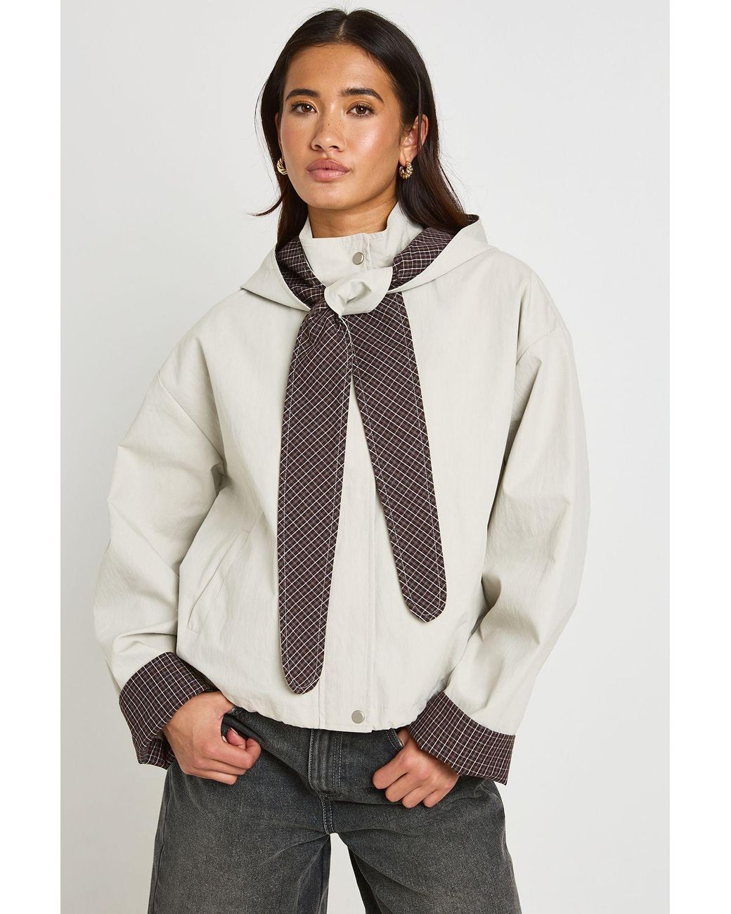 Boohoo Natural Check Lined Hooded Jacket