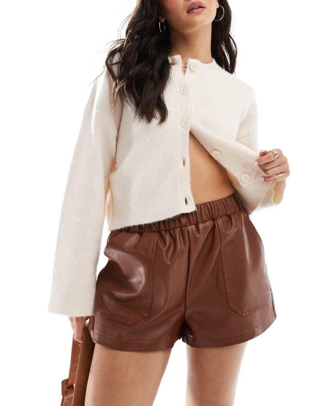 Miss Selfridge Brown Faux Leather Pull On Short