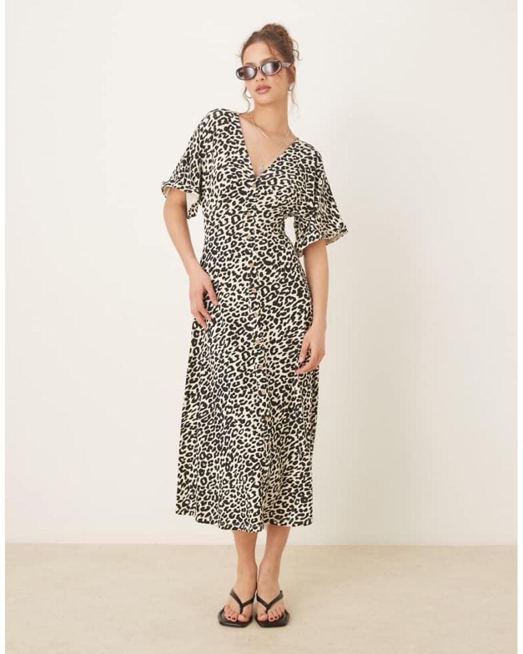 ASOS Natural Roll Sleeve Button Front Midi Tea Dress