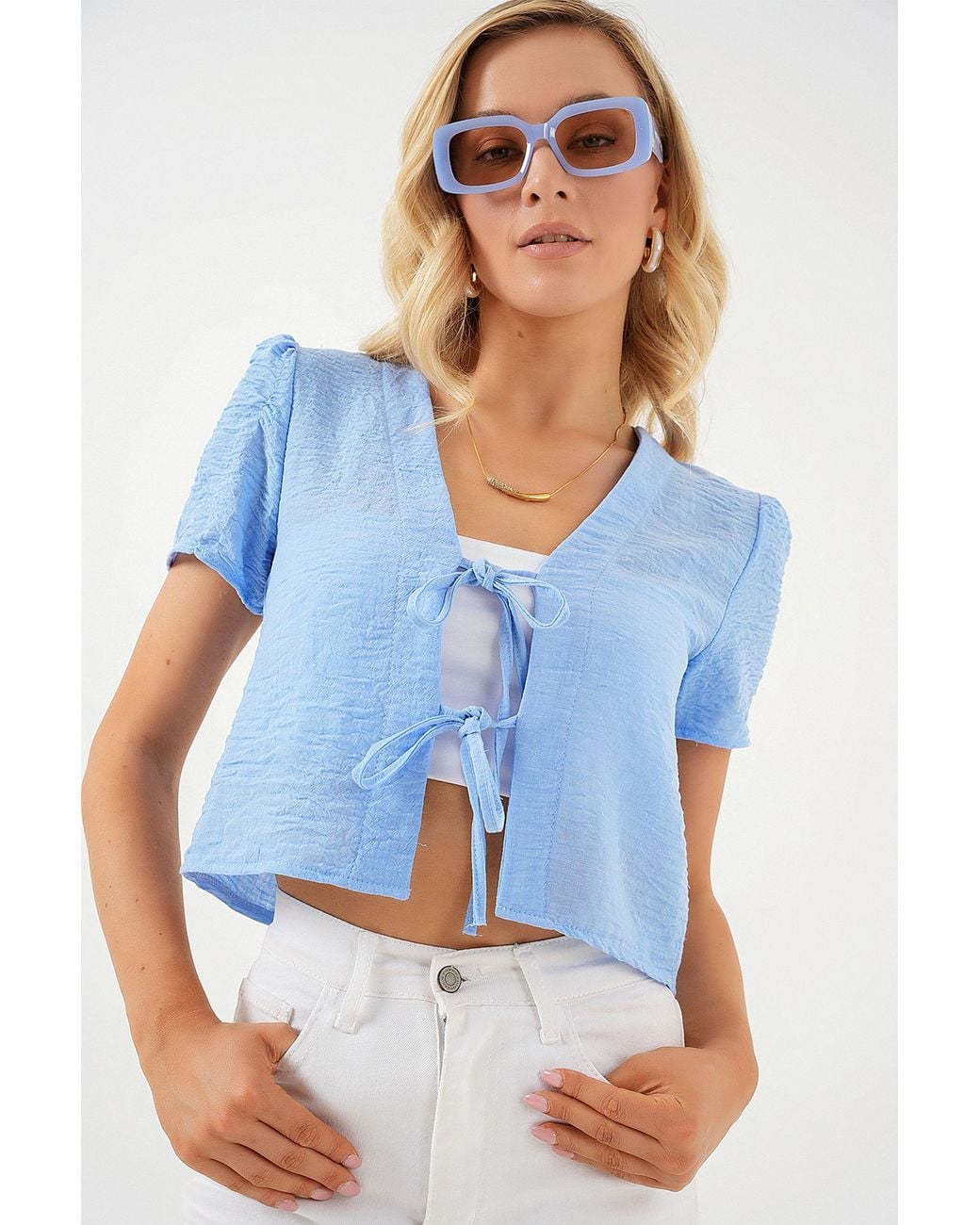 Bigdart Blue Textured V-Neck Linen Blend Crop Top
