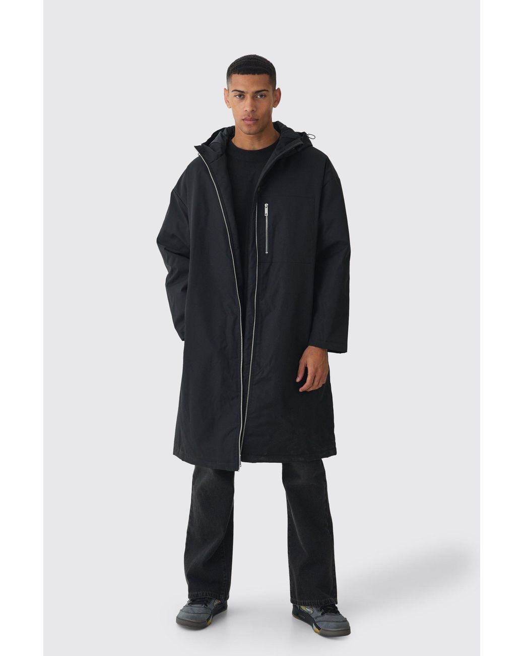 BoohooMAN Oversized Padded Tech Longline Mac In Black for men