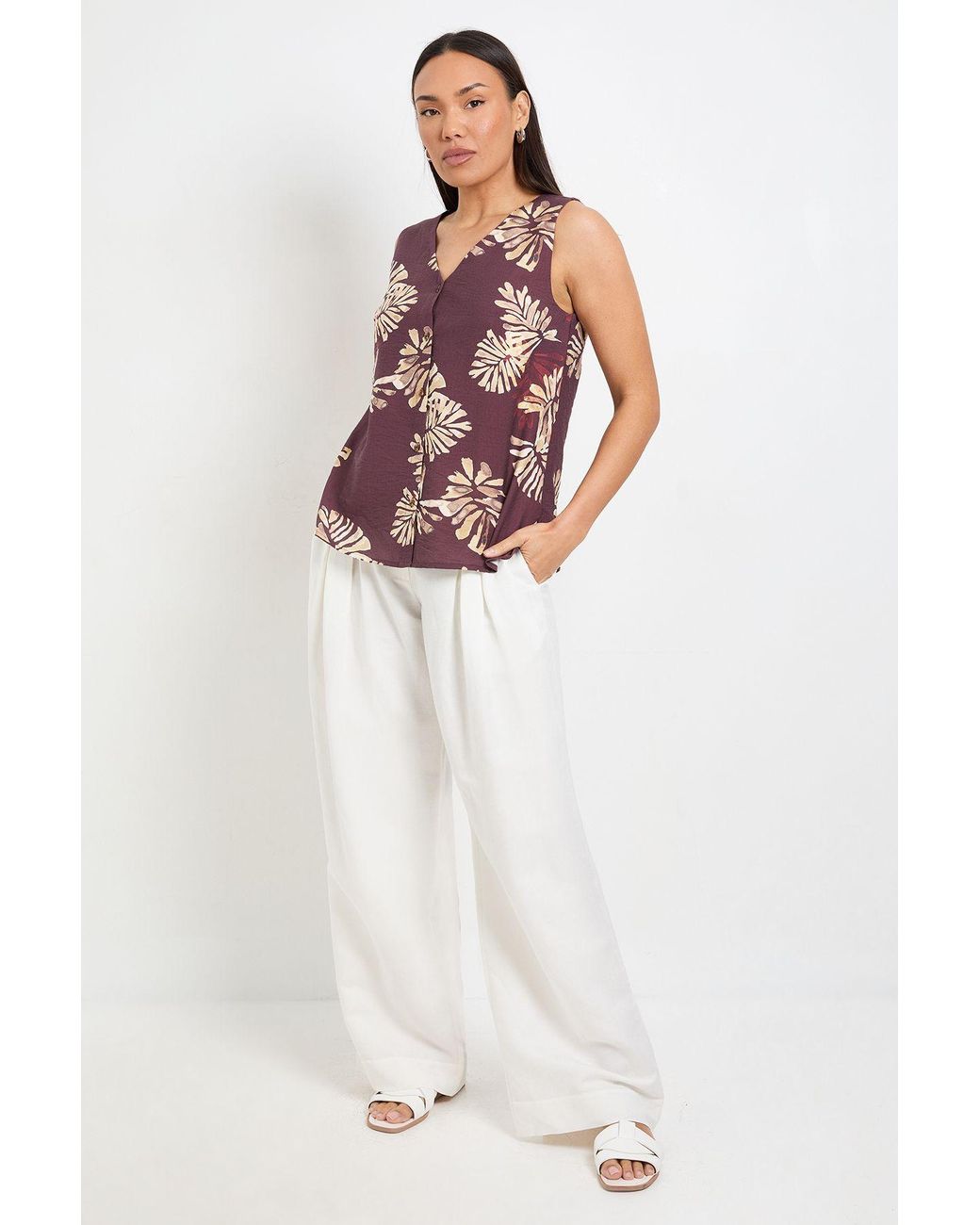 Wallis Brown Palm Print Button Cami Top