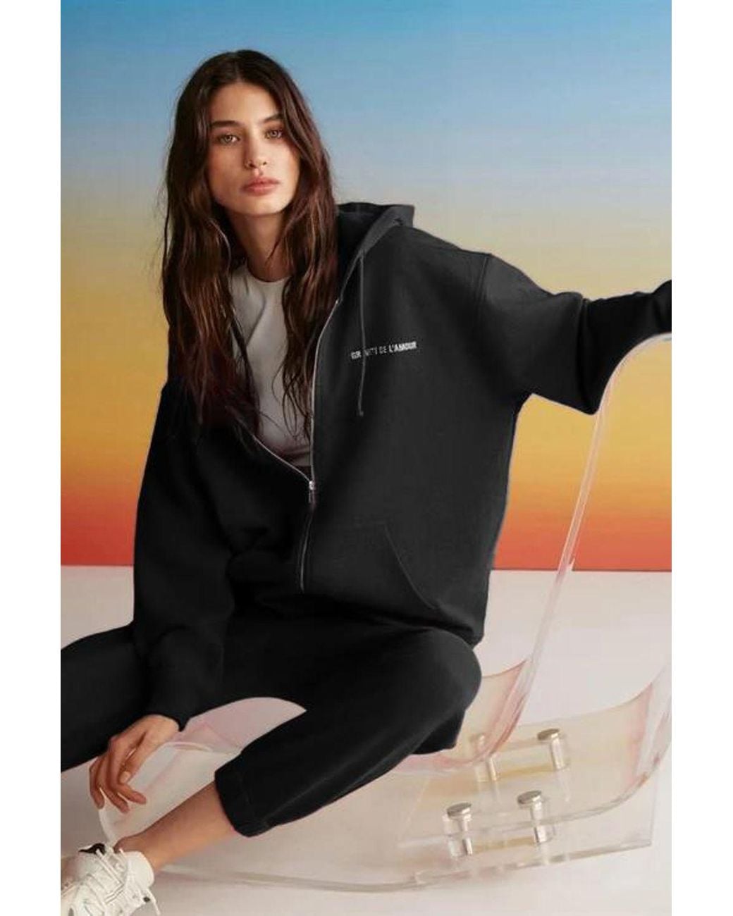 Grimelange Black Hooded Zip-Front Oversized Sweatshirt