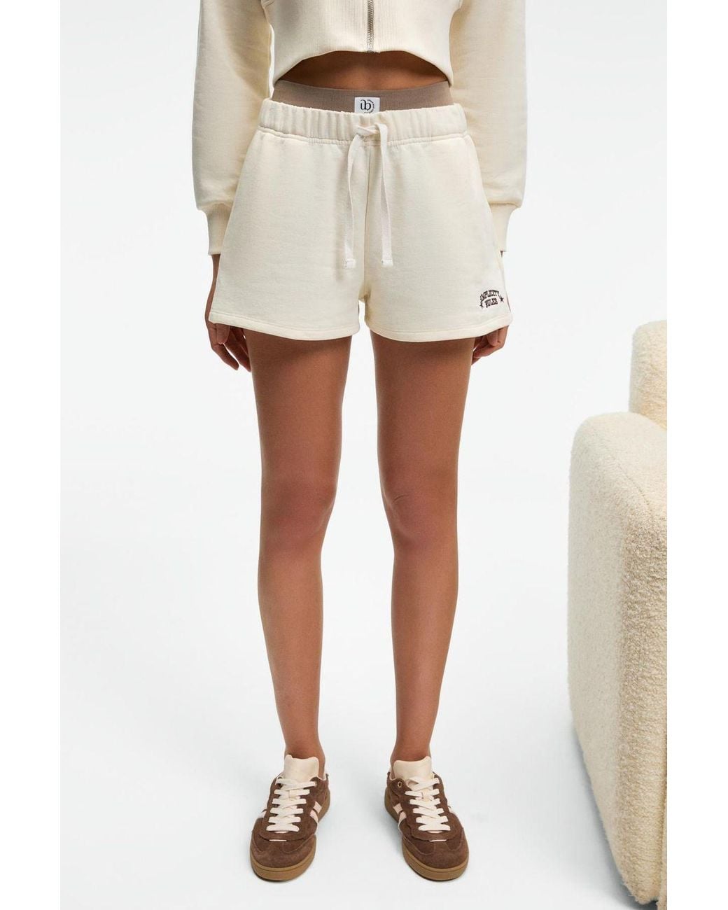 Grimelange Natural Embroidered High Waist Sweat Shorts