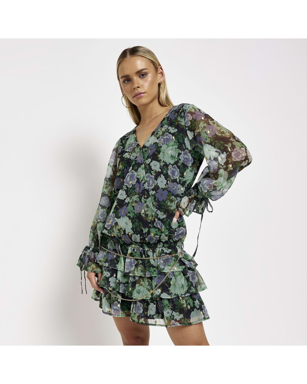 River Island Green Mini Dress Petite Chiffon Belted