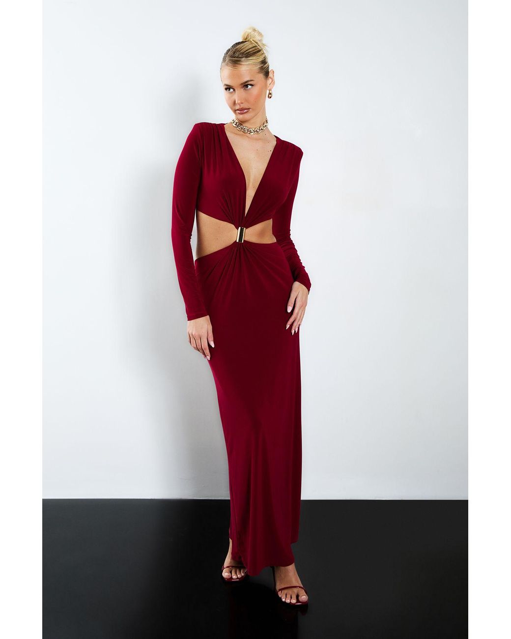 Boohoo Red Trim Detail Cut Out Maxi Dress
