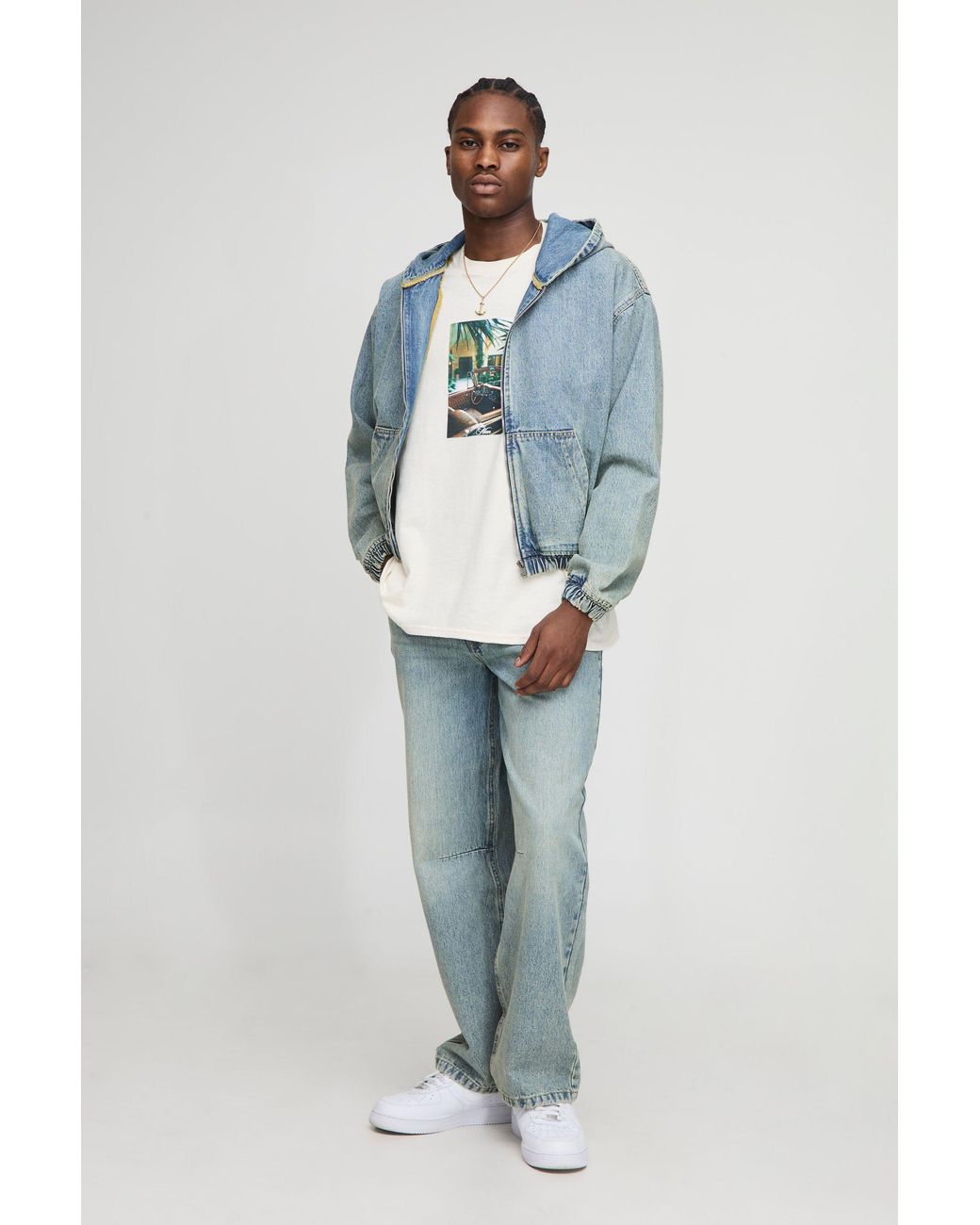 BoohooMAN Blue Oversized Boxy Washed Denim Hoodie for men