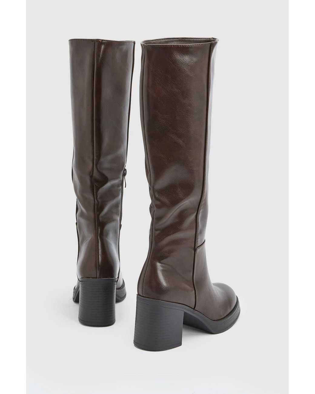 Faith Brown Sealia Faux Leather Medium Block Heel High Leg Boots