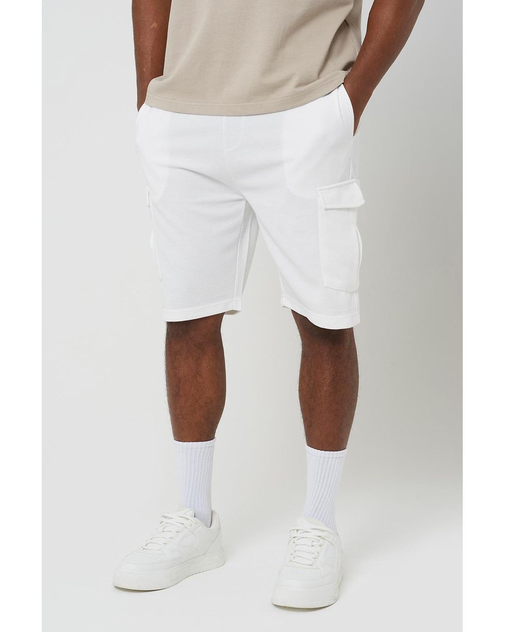 Brave Soul White Textured Cargo Shorts for men