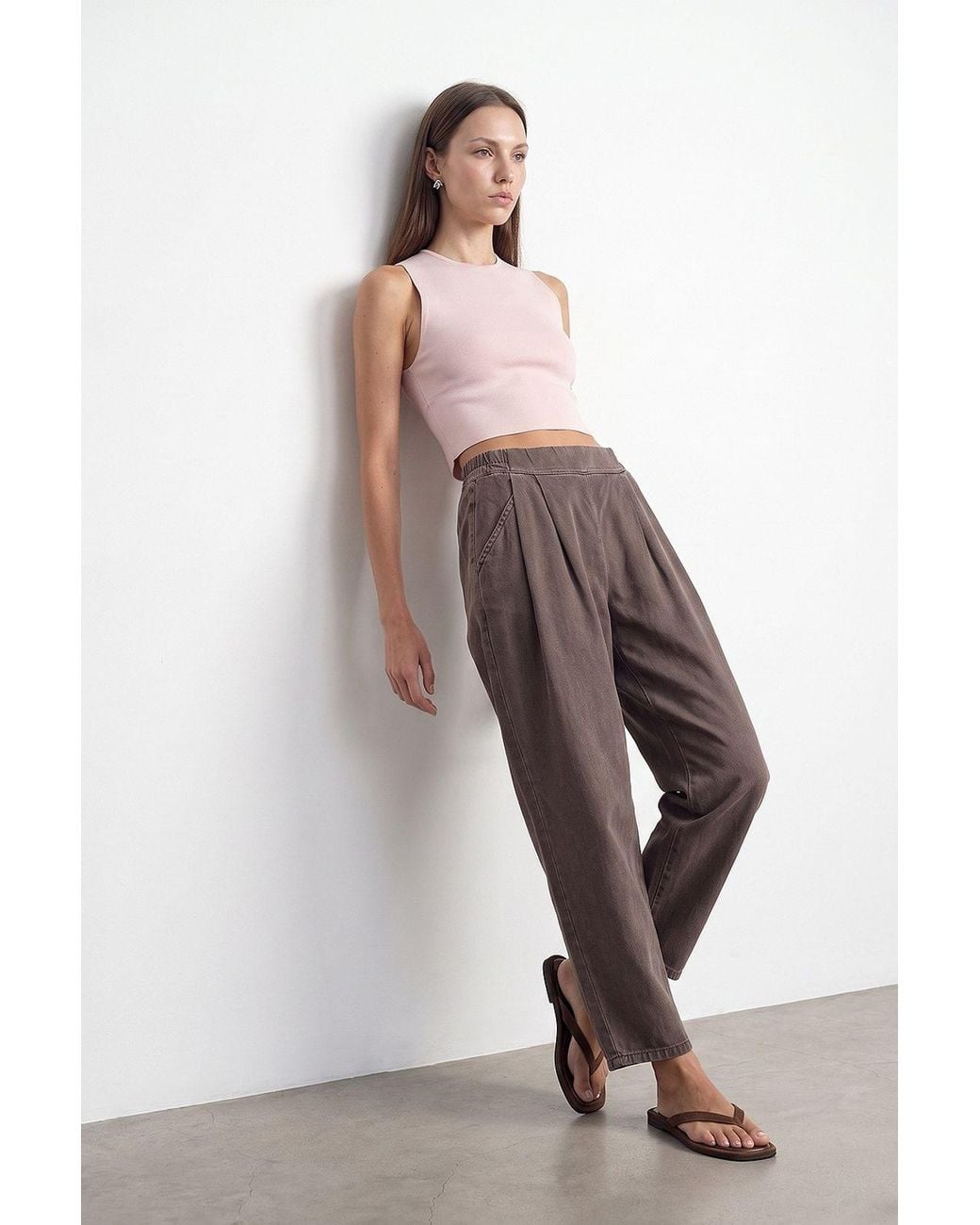 Dilvin Gray Cotton Pleated Ankle Trousers