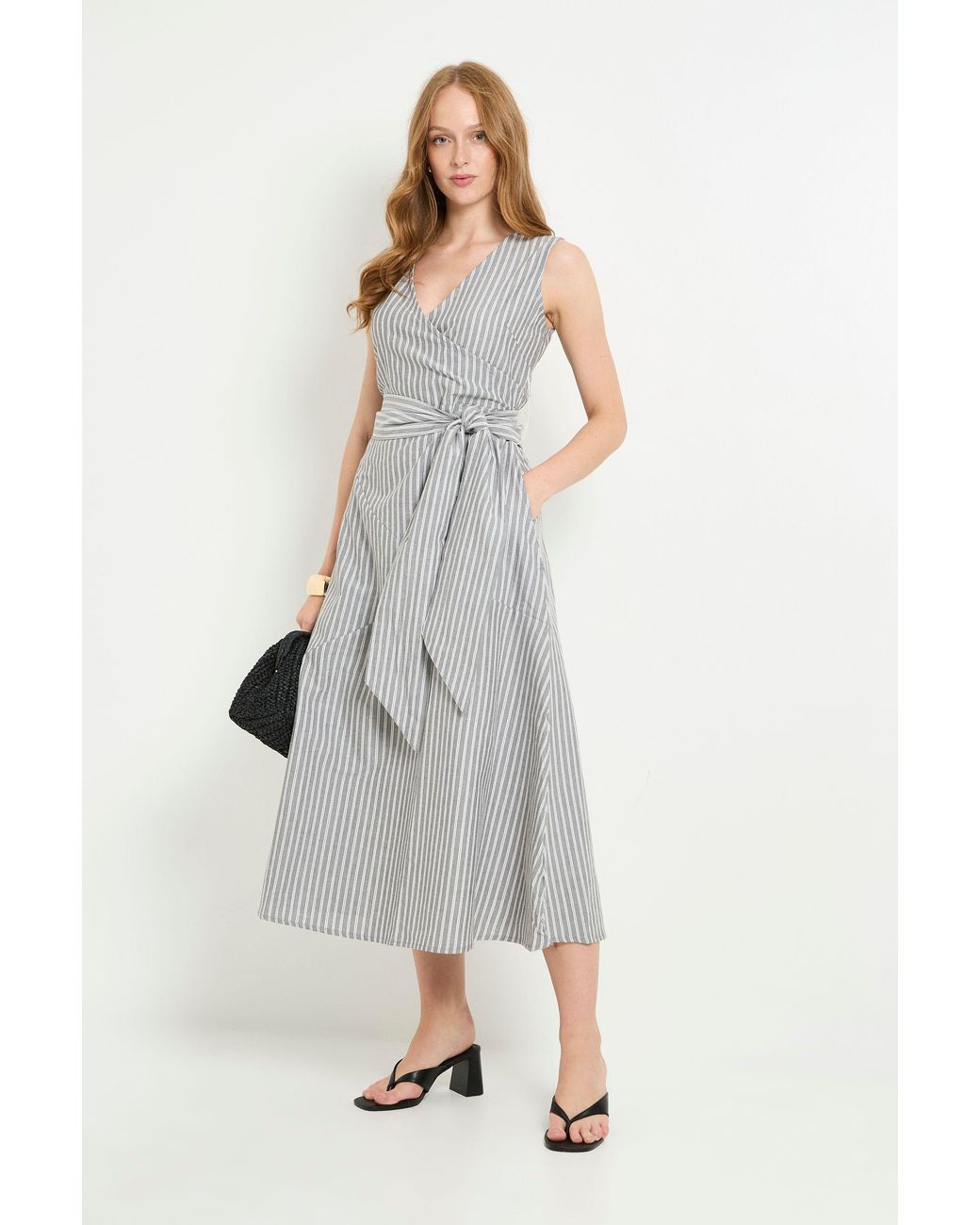 PRINCIPLES Gray Stripe Belted Midi Dress