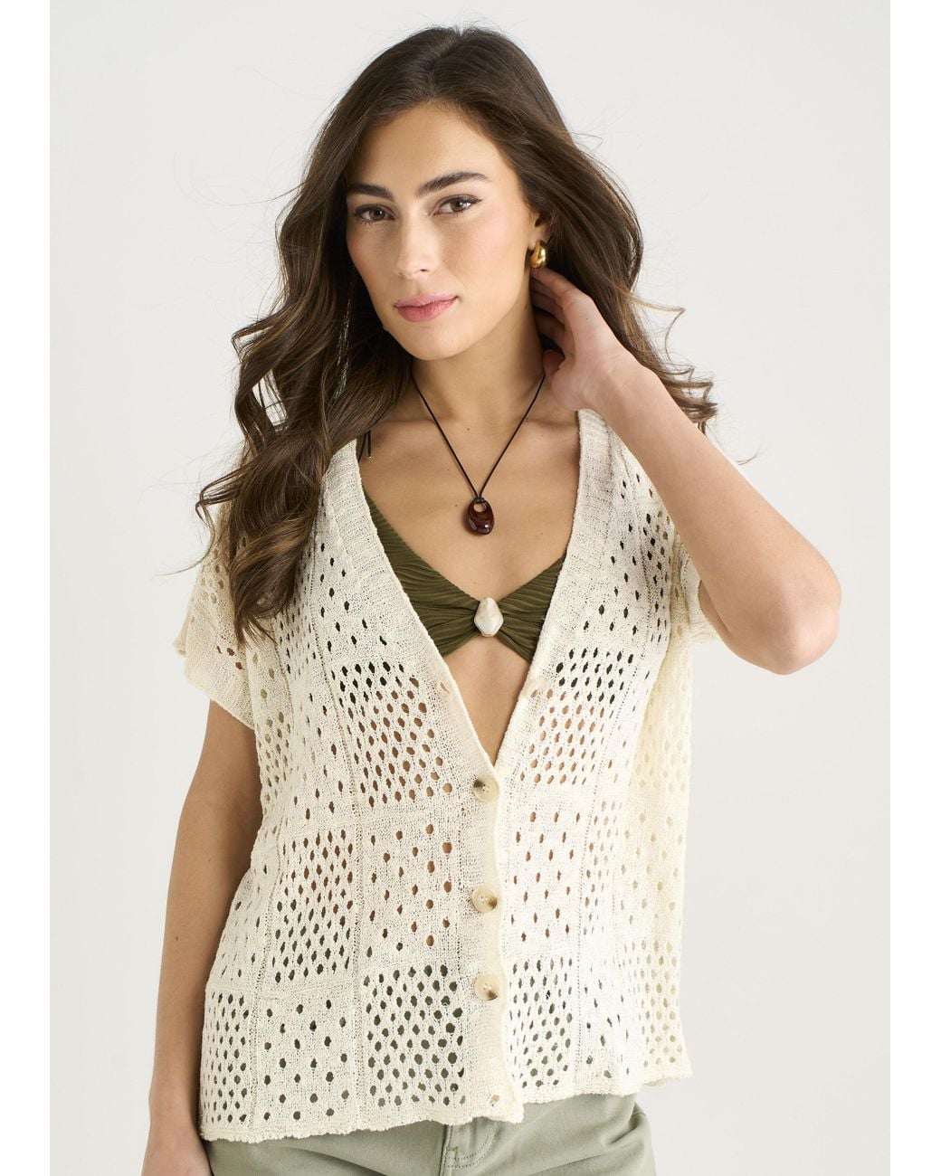 Gini London Natural Crochet Button Front Cardigan
