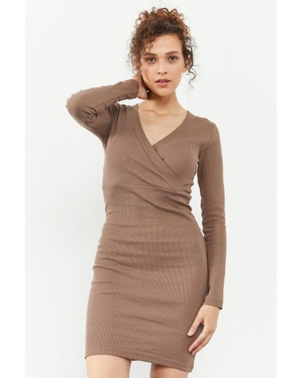 TOMMY LIFE Natural Ribbed Bodycon Midi Dress With V-Neck