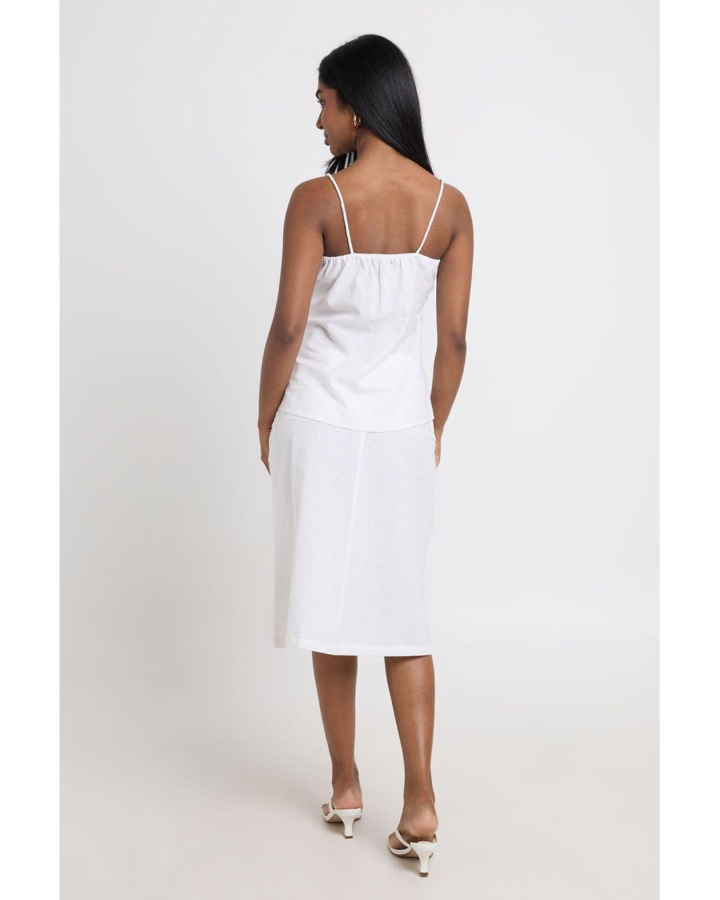 Boohoo White Linen Lace Panel Midi Skirt