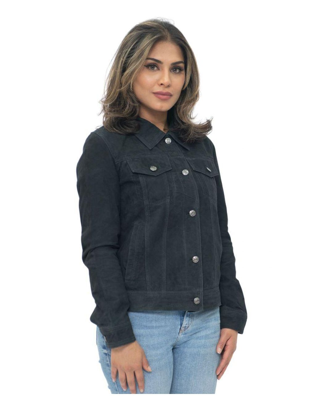 Infinity Leather Blue Goat Suede Trucker Jeans Jacket-Astoria