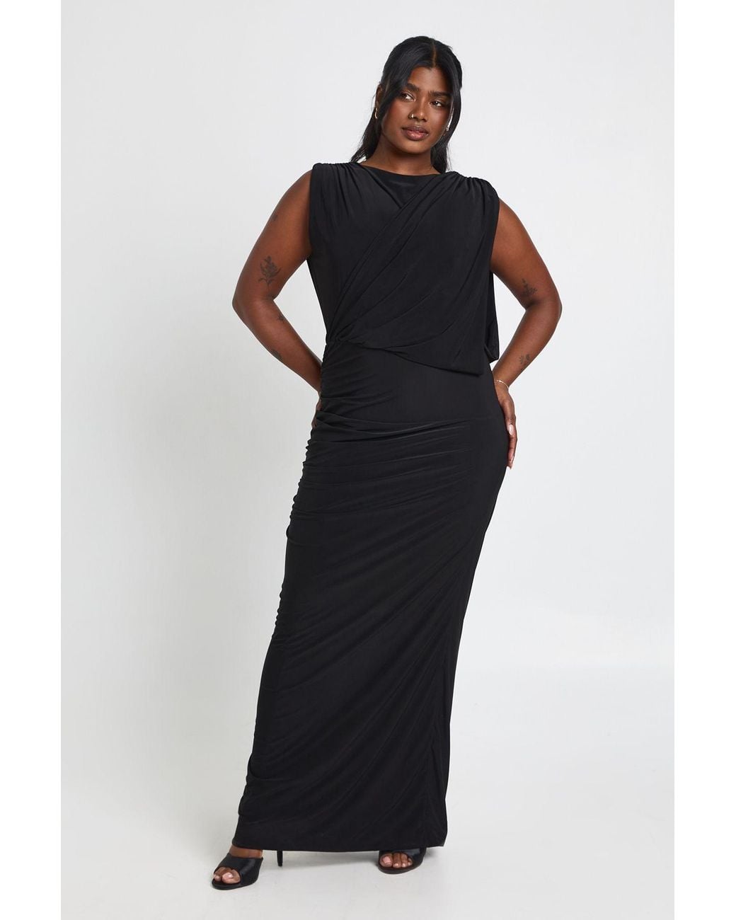 Boohoo Black Plus Drape Front Ruched Maxi Dress