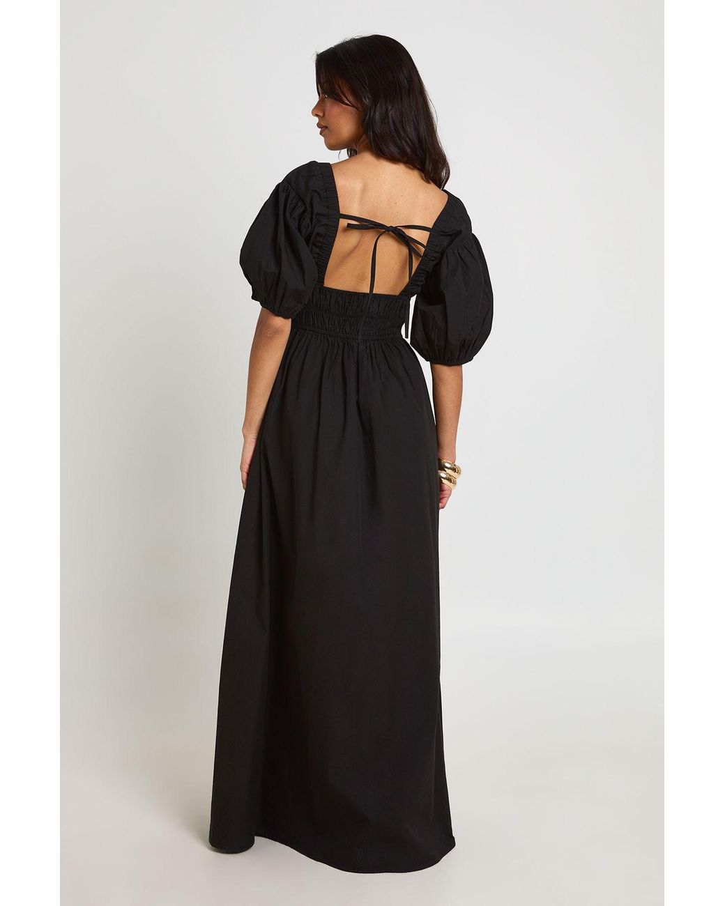 Boohoo Black Cotton Poplin Shirred Bodice V Neck Puff Sleeve Maxi Dress