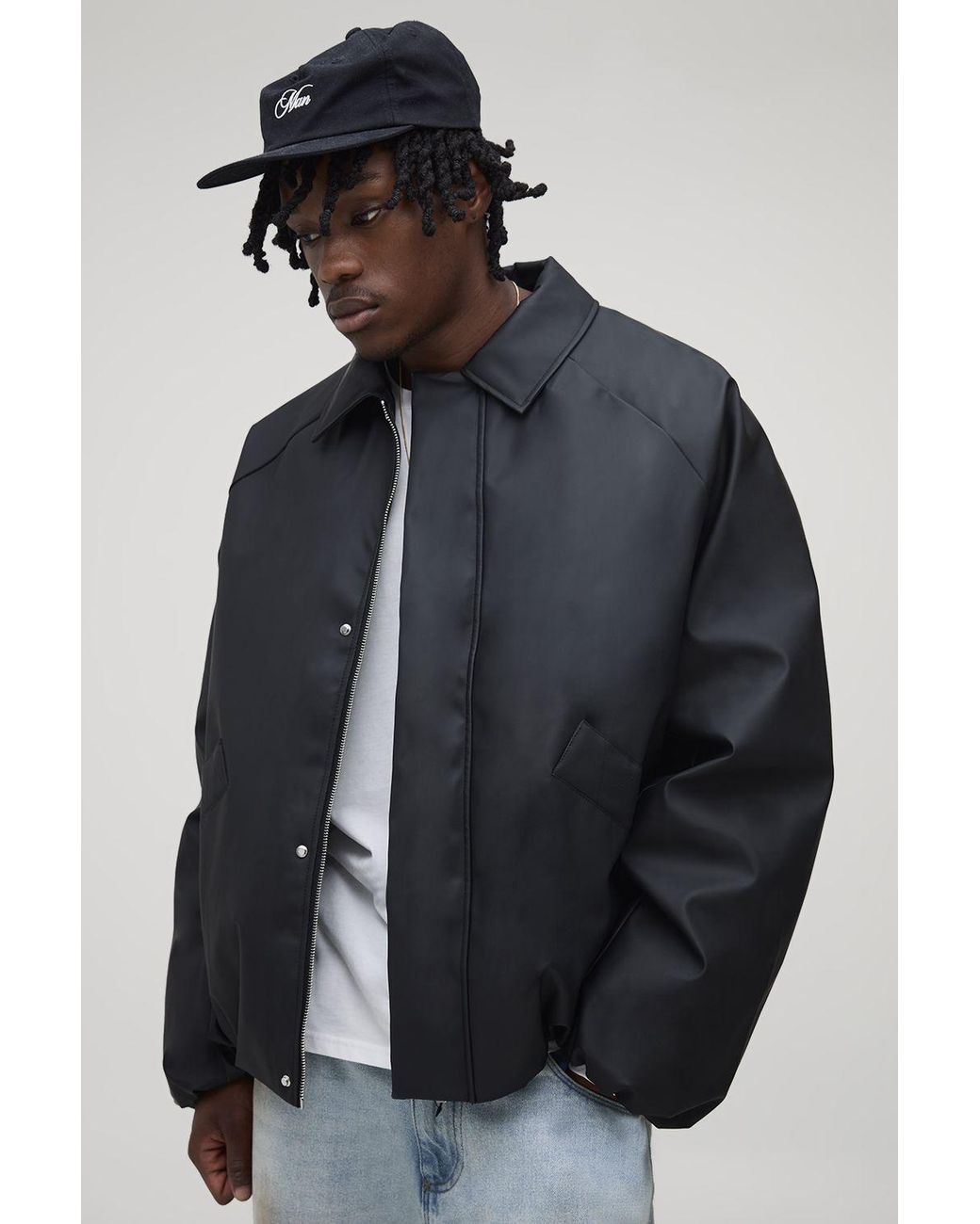 BoohooMAN Blue Tall Boxy Soft Pu Collared Padded Harrington Jacket for men