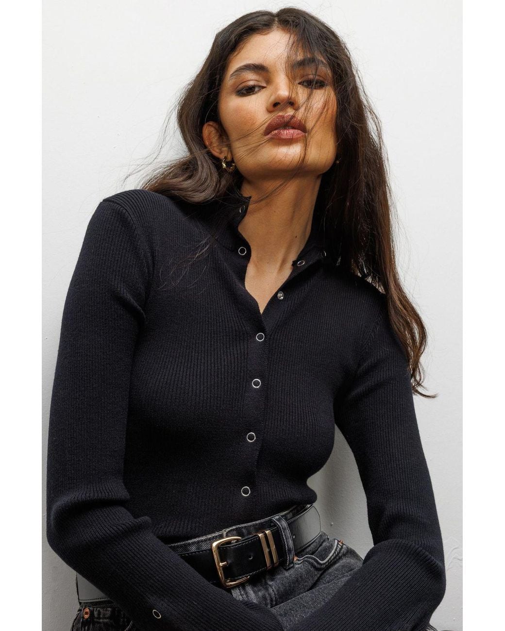 MixRay Black Slim Fit Half Turtleneck Cardigan With Button Closure