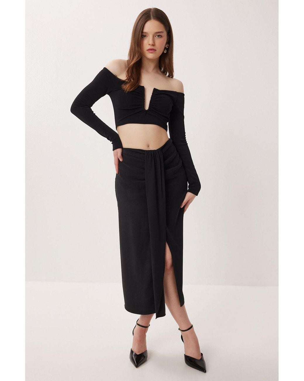 Happiness İstanbul Black High-Waist Midi Straight Skirt With Slit