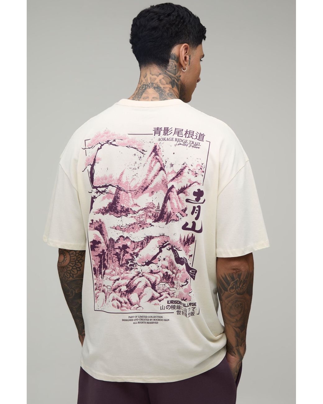 BoohooMAN Gray Tall Oversized Kyoto Mountain Graphic T-Shirt for men