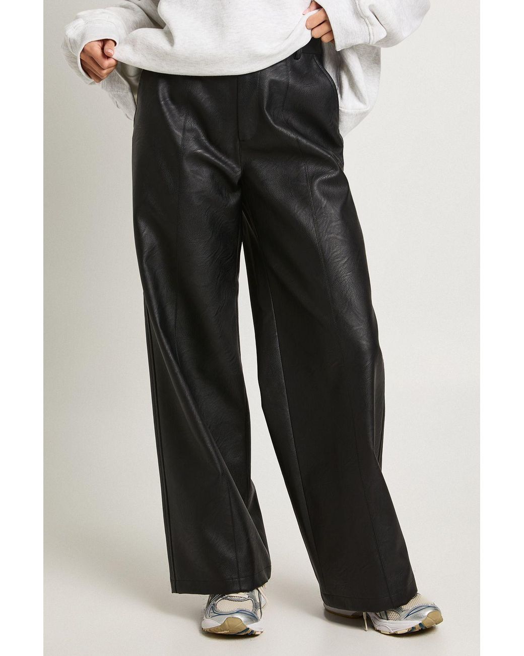 Boohoo Black Faux Leather Seam Detail Straight Leg Trousers