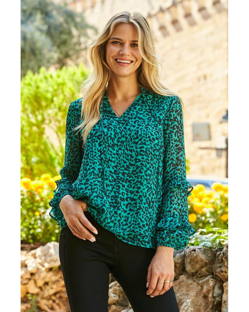 Sosandar Green Animal Print Ruffle Sleeve Top