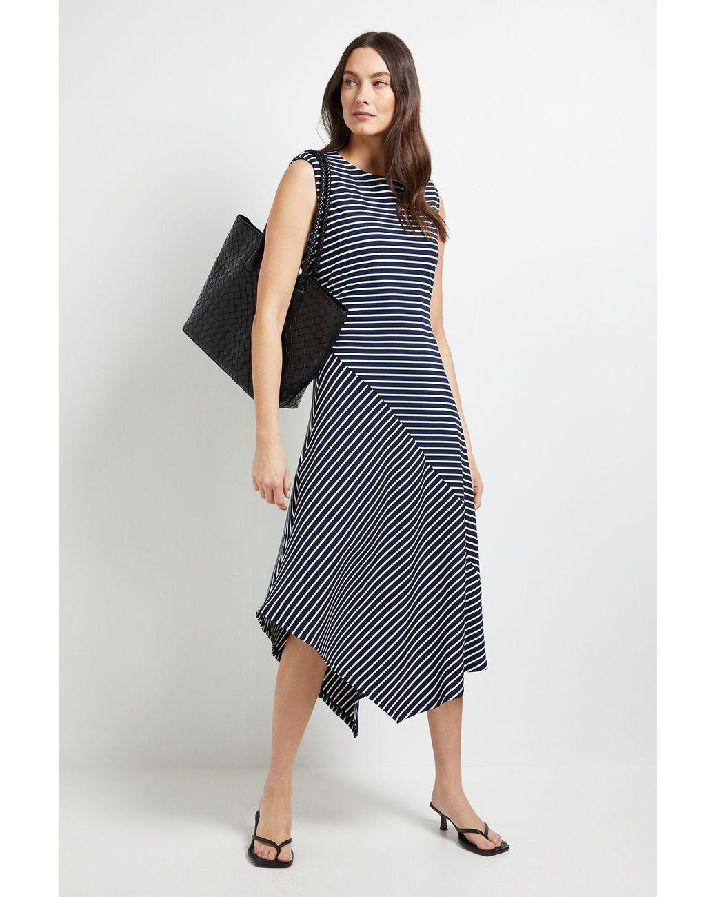 PRINCIPLES Blue Stripe Asymmetric Ponte Dress