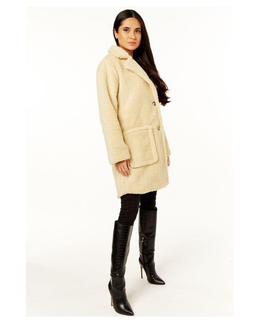 Gini London Natural Faux Fur Longline Teddy Overcoat