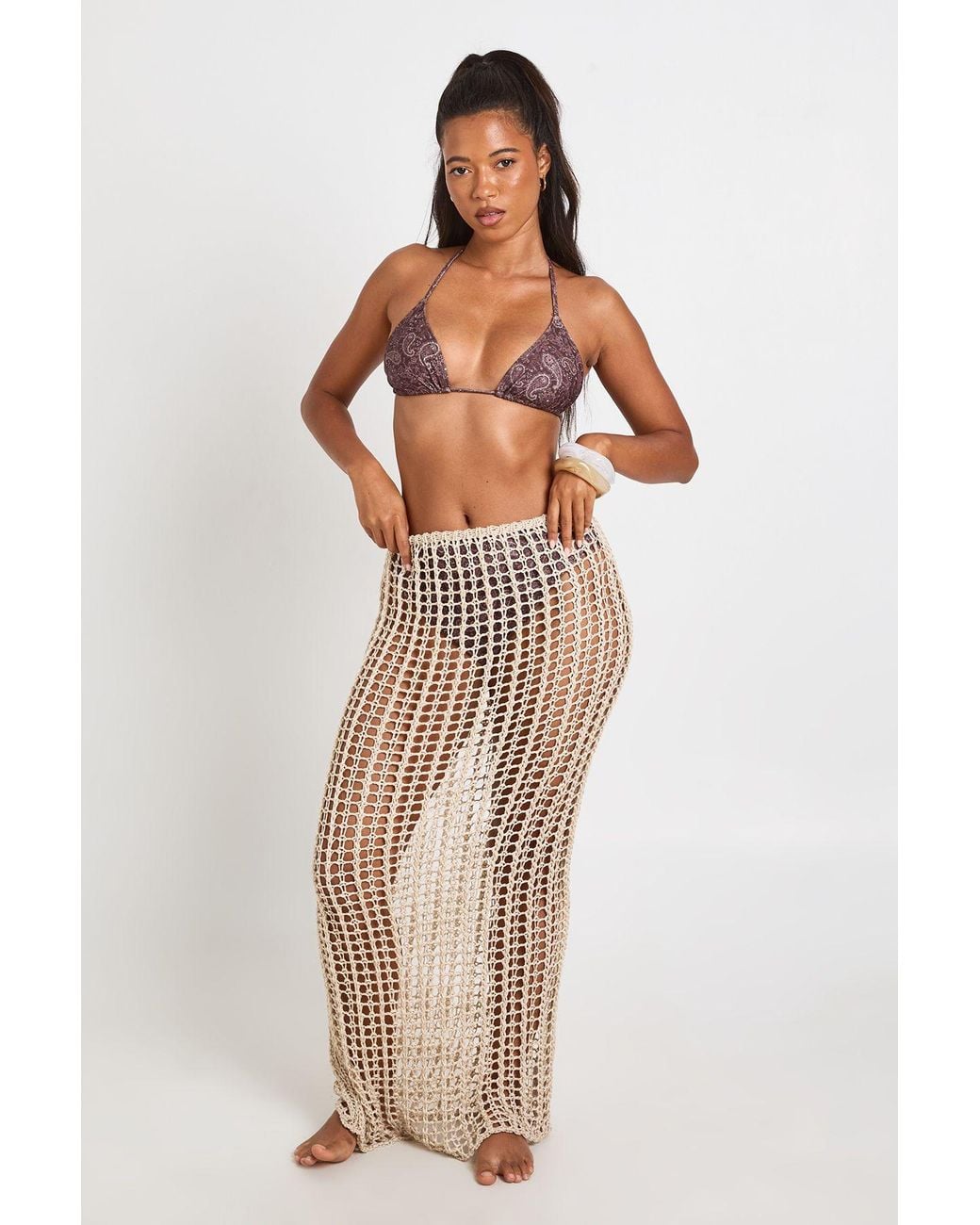 Boohoo Natural Crochet Maxi Beach Skirt