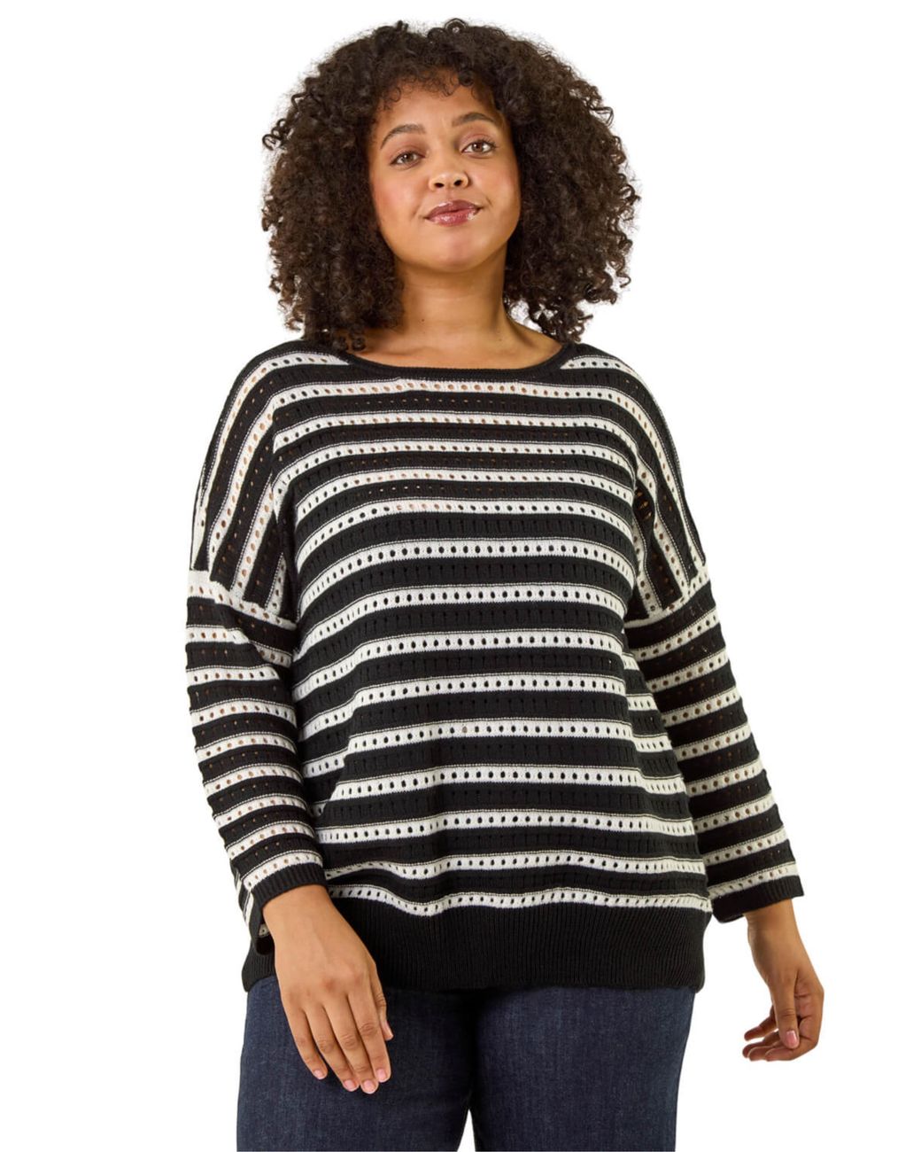 Roman Black Curve Crochet Stripe Knit