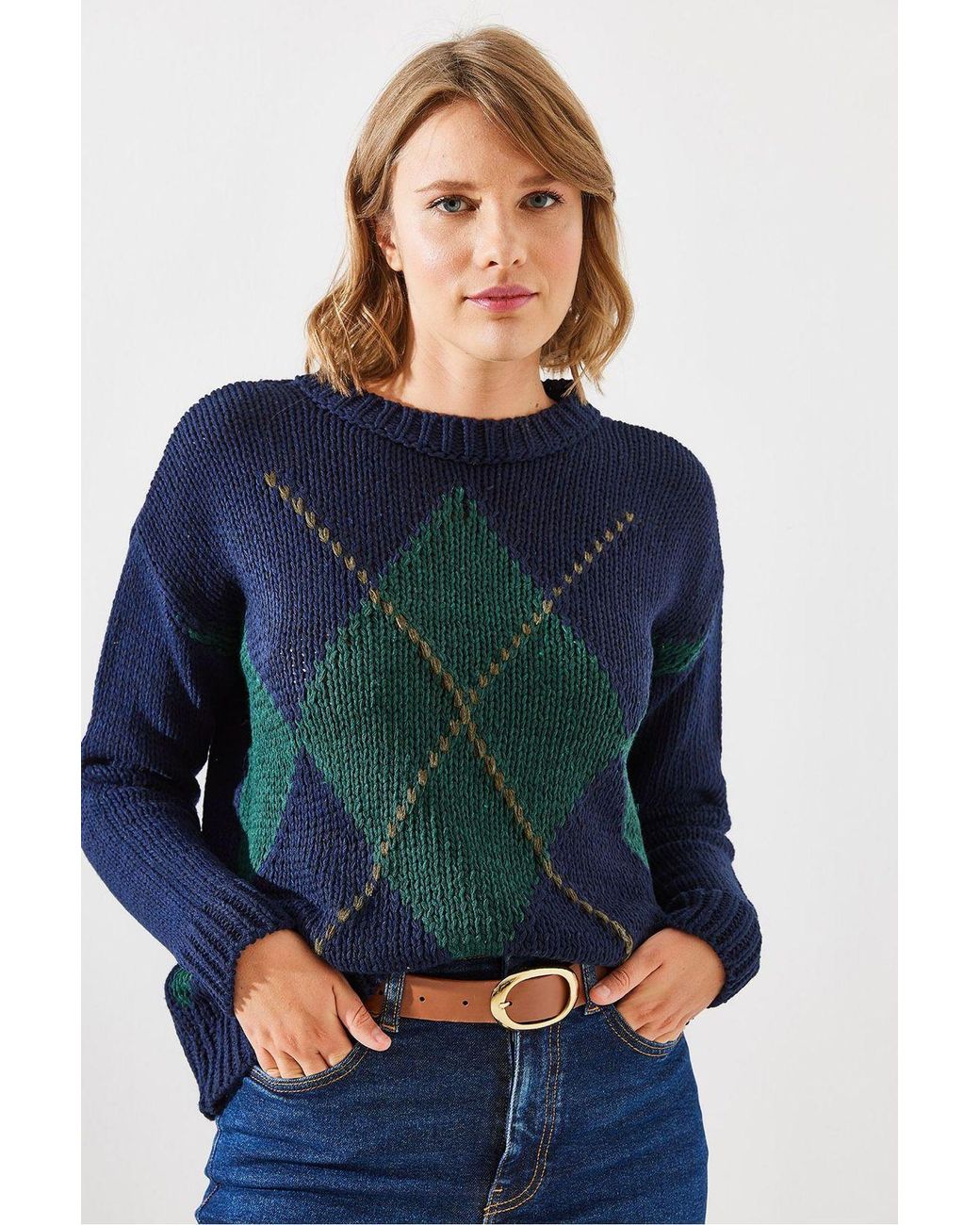 Bianco Lucci Blue Geometric Pattern Knit Sweater With Crew Neck