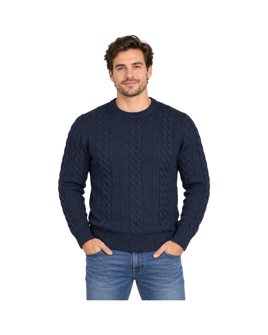 Marks & Spencer Blue M&S Cable Knit Sweatshirt Chunky Crew Neck Pullover Cotton Warm Soft Jumper for men