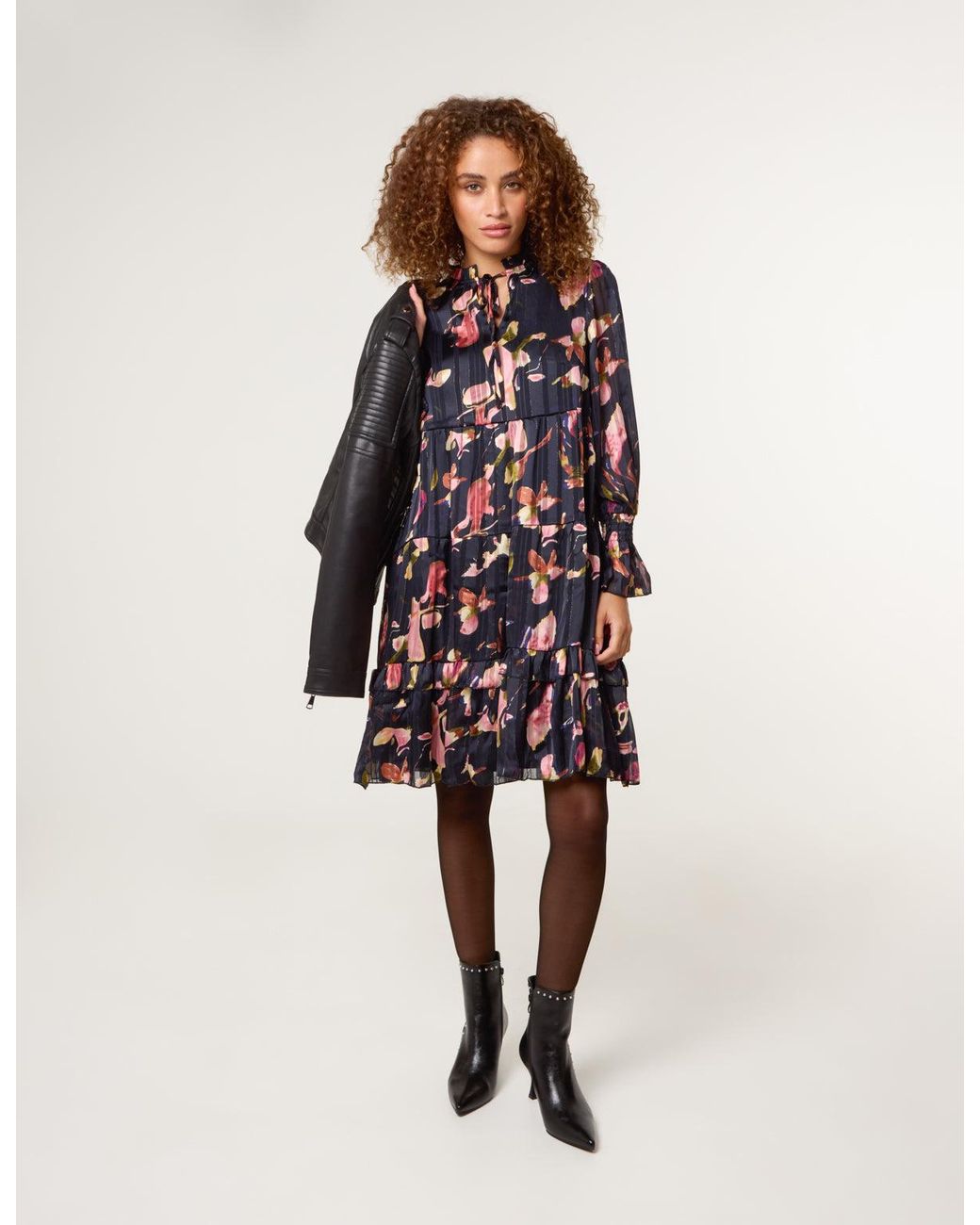 Blue Vanilla Black Tie Neck Floral Chiffon Smock Dress