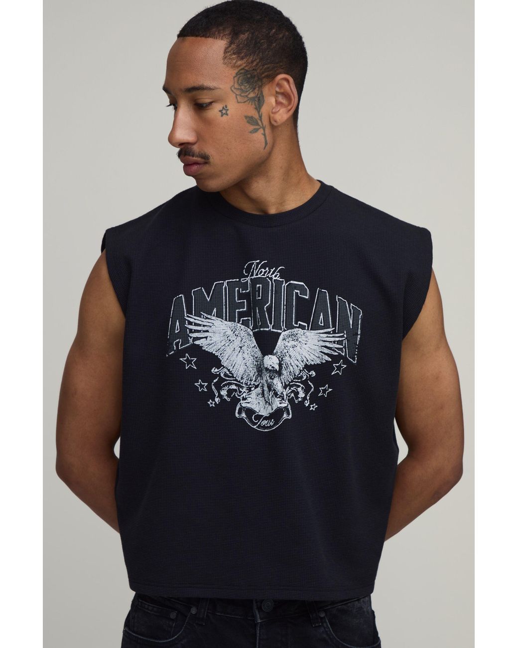 BoohooMAN Blue Oversized Waffle Eagle Print Short Sleeve Tank for men