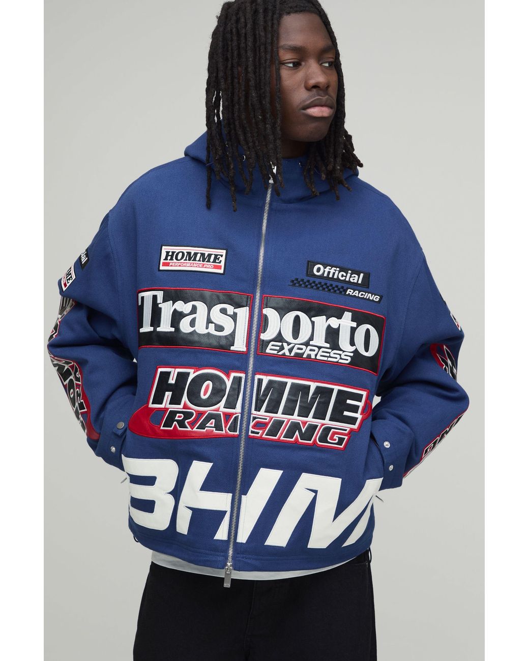 BoohooMAN Blue Oversized Applique Twill Hooded Peaked Cagoule for men