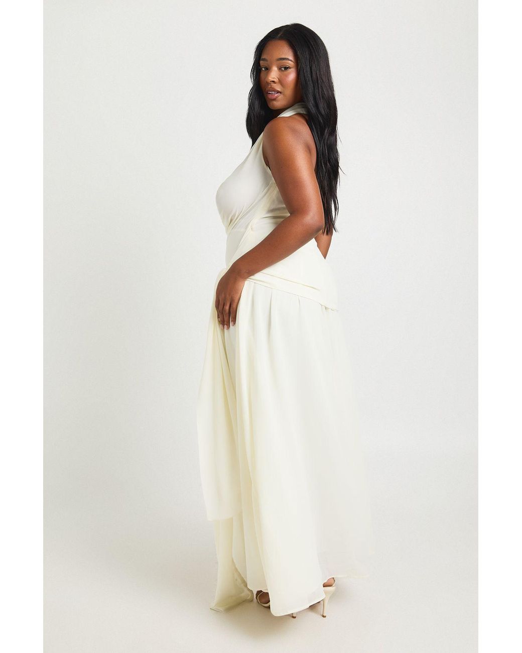 Boohoo White Plus Chiffon Extreme Cowl Neck Tie Waist Maxi Dress