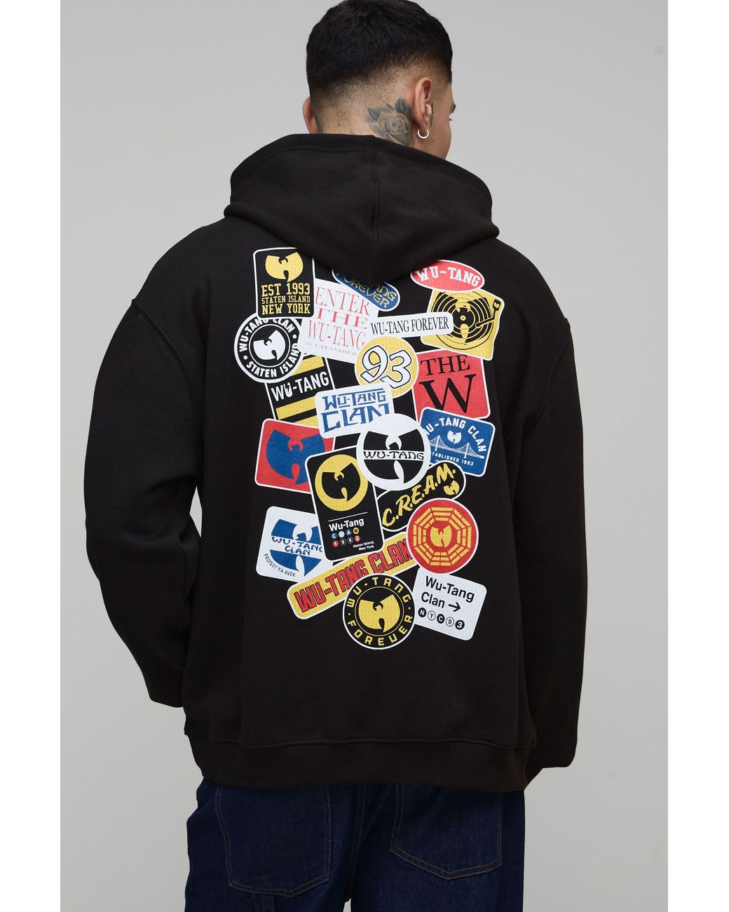 BoohooMAN Gray Tall Oversized Wu-Tang License Printed Hoodie for men