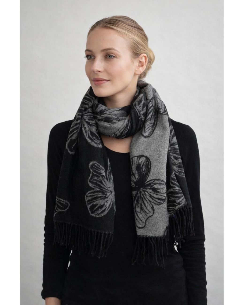 SVNX Black Butterfly Printed Cashmere Scarf With Tassels