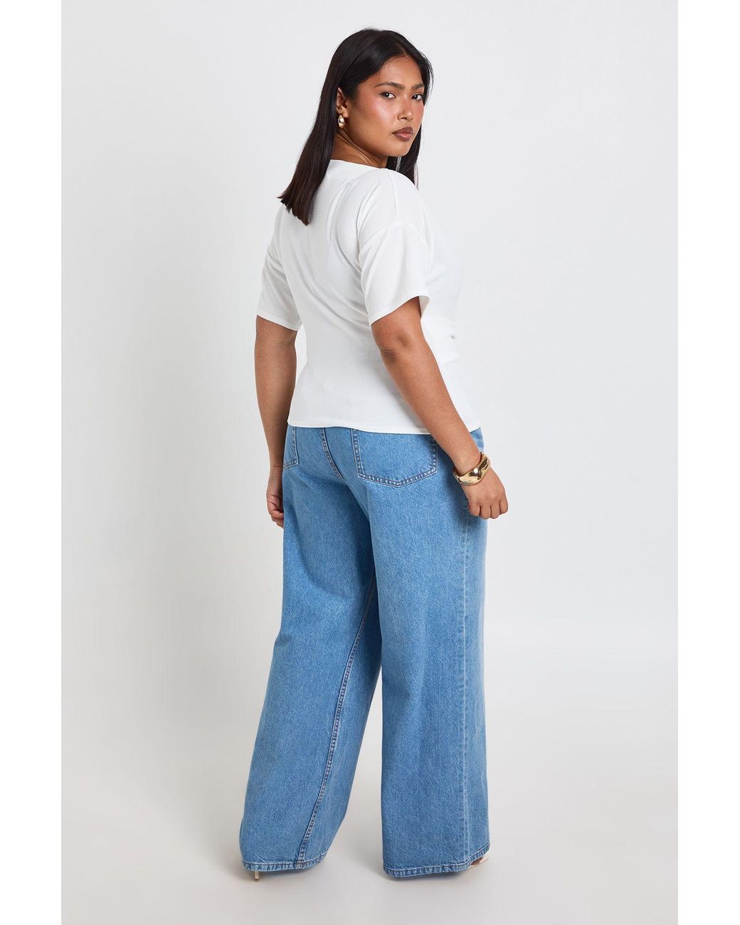 Boohoo Blue Plus Crepe Grown On Neck Trim Belt Detail Short Sleeve Top