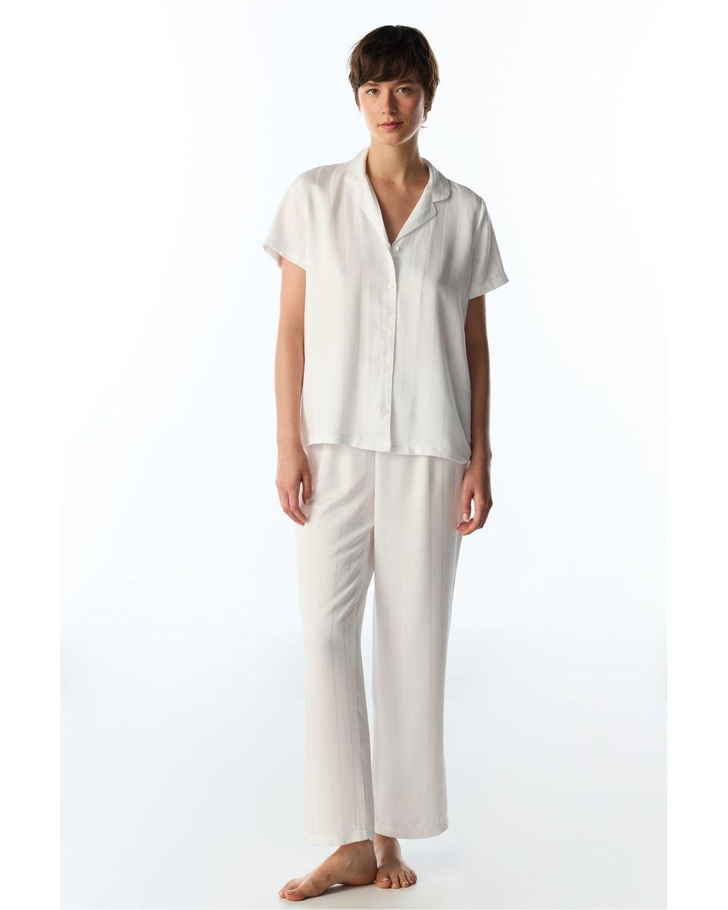Penti White Broken Sophia Satin Striped Short Sleeve Shirt Trousers Pajama Set